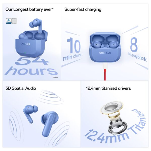 OnePlus Nord Buds 3r TWS Earbuds up to 54 Hours Playback, 2-mic Clear Calls, 3D Spatial Audio, AI Translation, 12.4mm Drivers, Dual-Device Connectivity, 47ms Low Latency - Aura Blue