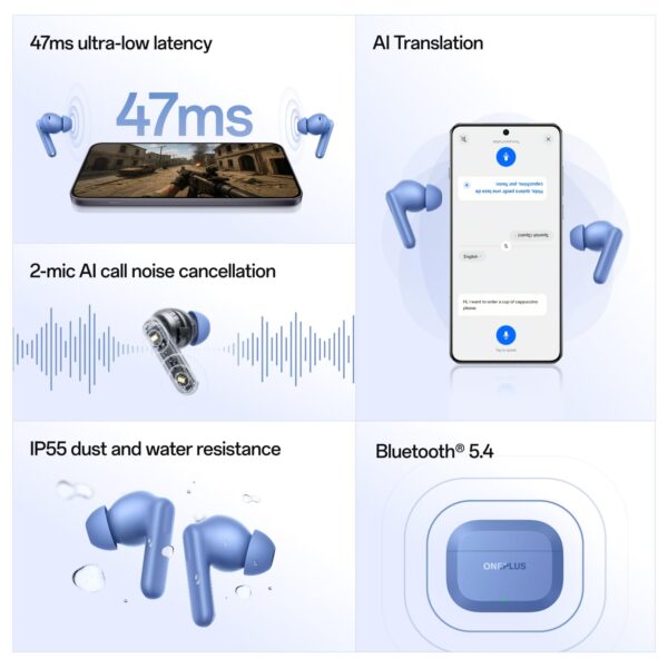 OnePlus Nord Buds 3r TWS Earbuds up to 54 Hours Playback, 2-mic Clear Calls, 3D Spatial Audio, AI Translation, 12.4mm Drivers, Dual-Device Connectivity, 47ms Low Latency - Aura Blue