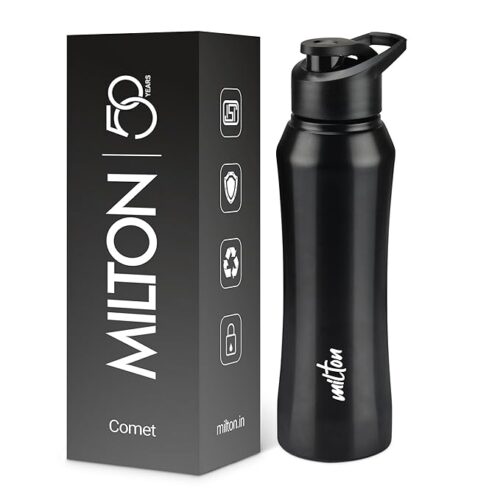 MILTON Comet 1000 Stainless Steel Water Bottle 1000 ml, Single Walled, ISI Certified I Leak Proof Lid, Rust Proof I For School, Office, Gym I Black
