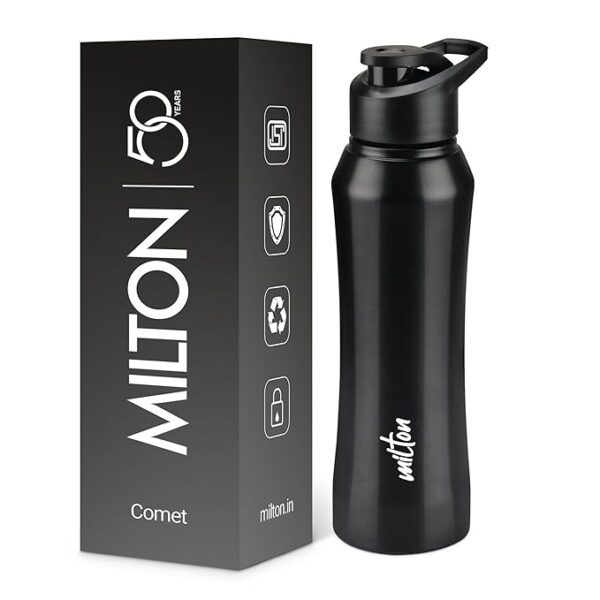 MILTON Comet 1000 Stainless Steel Water Bottle 1000 ml, Single Walled, ISI Certified I Leak Proof Lid, Rust Proof I For School, Office, Gym I Black