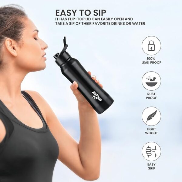 MILTON Comet 1000 Stainless Steel Water Bottle 1000 ml, Single Walled, ISI Certified I Leak Proof Lid, Rust Proof I For School, Office, Gym I Black