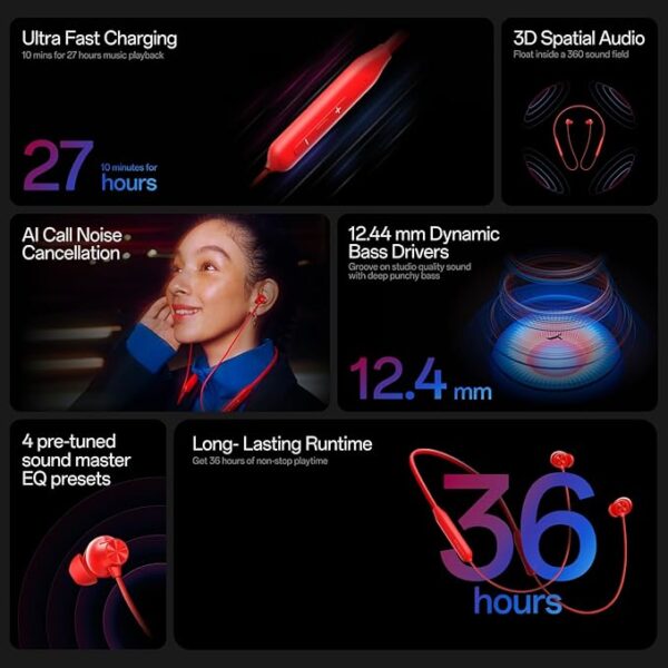 OnePlus Bullets Wireless Z3 in-Ear Neckband with 12.4mm Drivers, 3D Spatial Audio,10 mins Charge for 27 hrs Playback, 4 EQ preset, Dynamic bass Enhancement & BT5.4